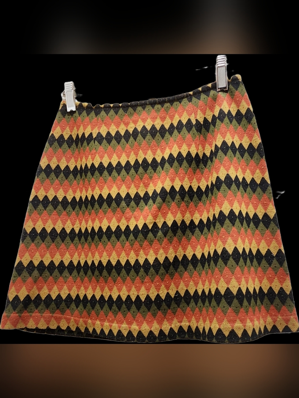 Express Brand, Y2k, Vintage-Inspired Orange, Black & Mustard Argyle Knit Skirt.